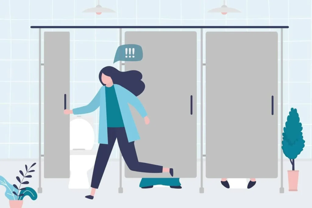 graphic of Urine incontinence Leytonstone woman running to the toilet.