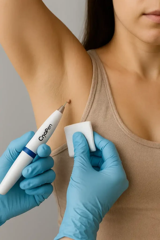 woman having cryopen to remove underarm skin tags Leytonstone