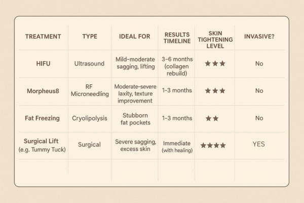 Table showing the comparisons of Skin tightening Leytonstone treatment options.